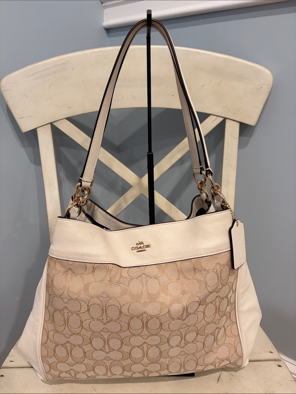 Coach Lexi Two-Tone Signature Shoulder Bag in khaki and Chalk white